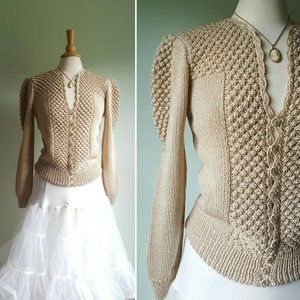 Vintage Puff Sleeve Cardigan Sweater - Gold